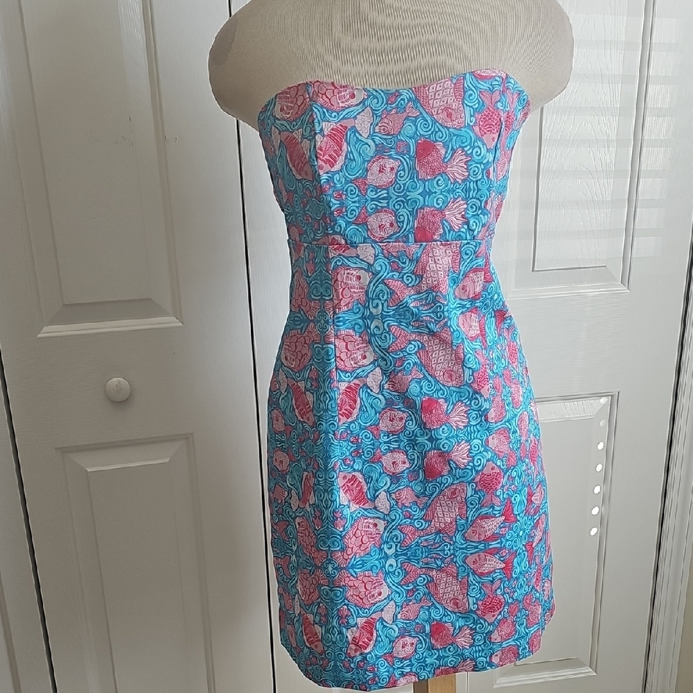 Kaeli‎ Smith Strapless Floral Pink and Blue Dress With Fish Pattern. Size 8